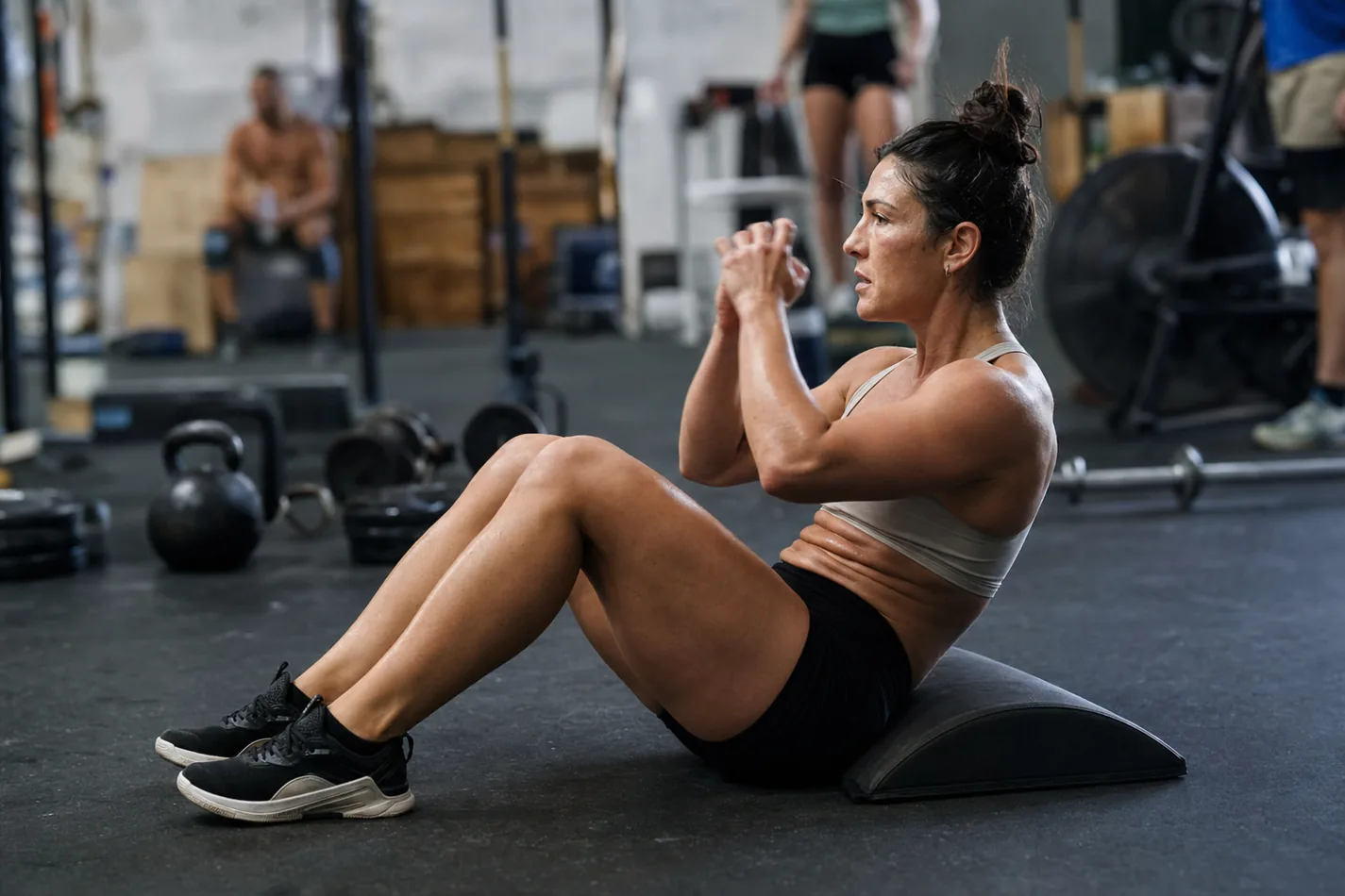 Athlete finishing a controlled AbMat sit-up during a CrossFit workout