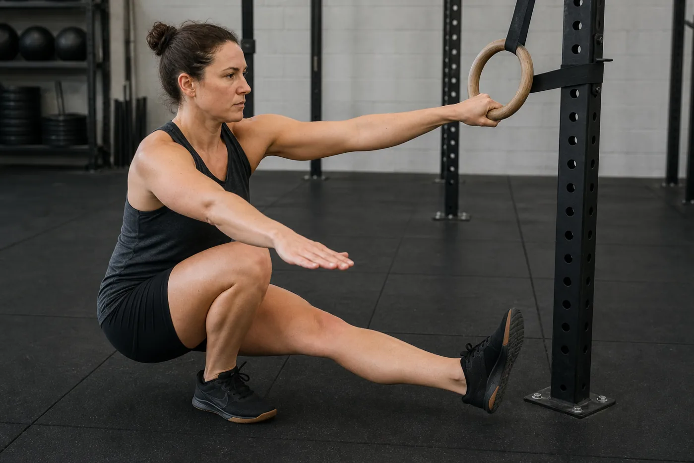 CrossFit athlete practicing an assisted pistol squat progression with support
