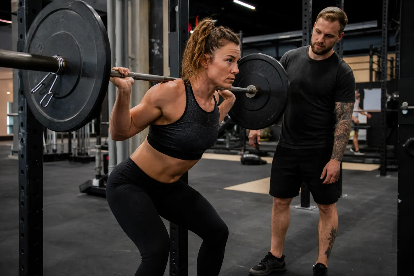 CrossFit athlete setting up a back squat with a braced torso and hands gripping the bar