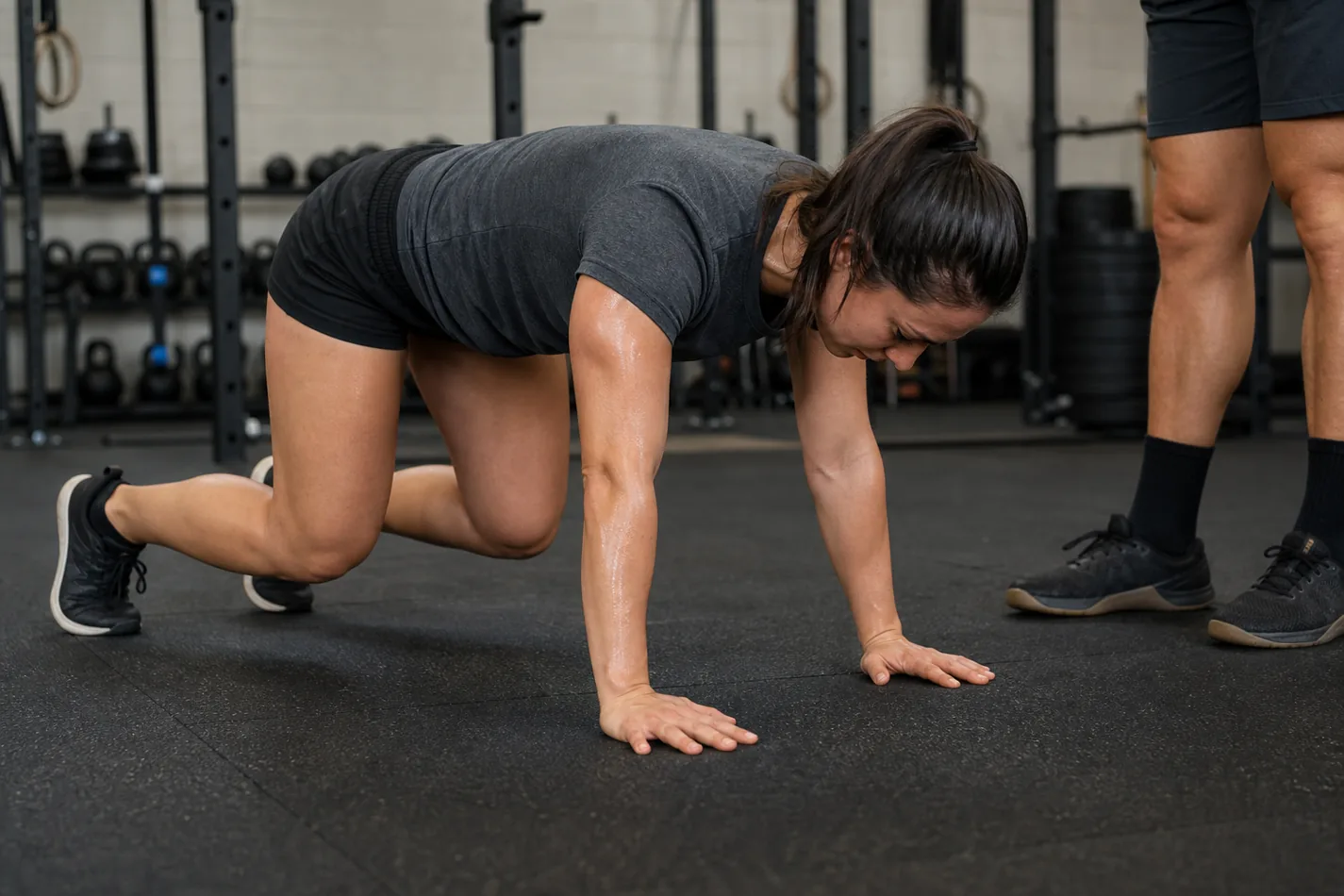 Athlete setting up for a bear crawl with knees hovering over gym flooring