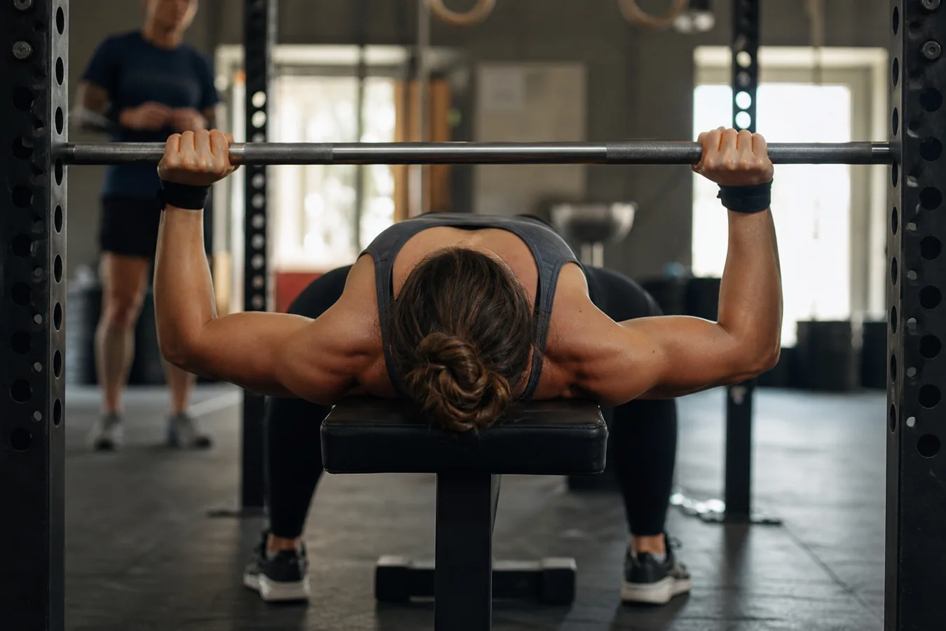 Athlete keeping upper back tight during a CrossFit bench press setup