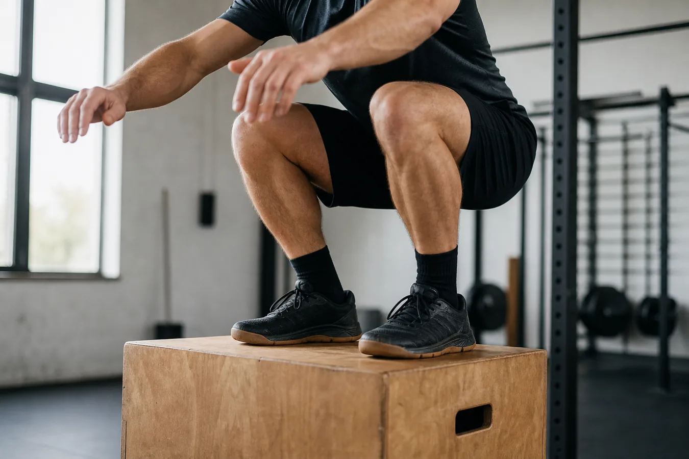 Athlete landing softly on a plyo box with knees tracking over toes