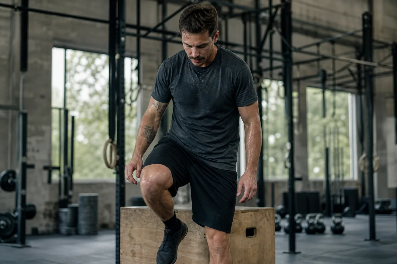 CrossFit athlete stepping down from a plyo box between reps