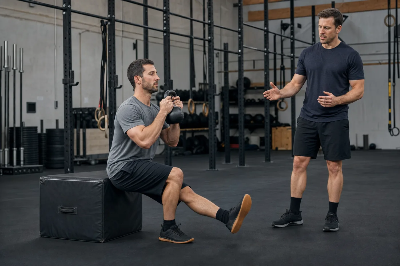 CrossFit athlete using a box pistol squat progression with a coach watching form