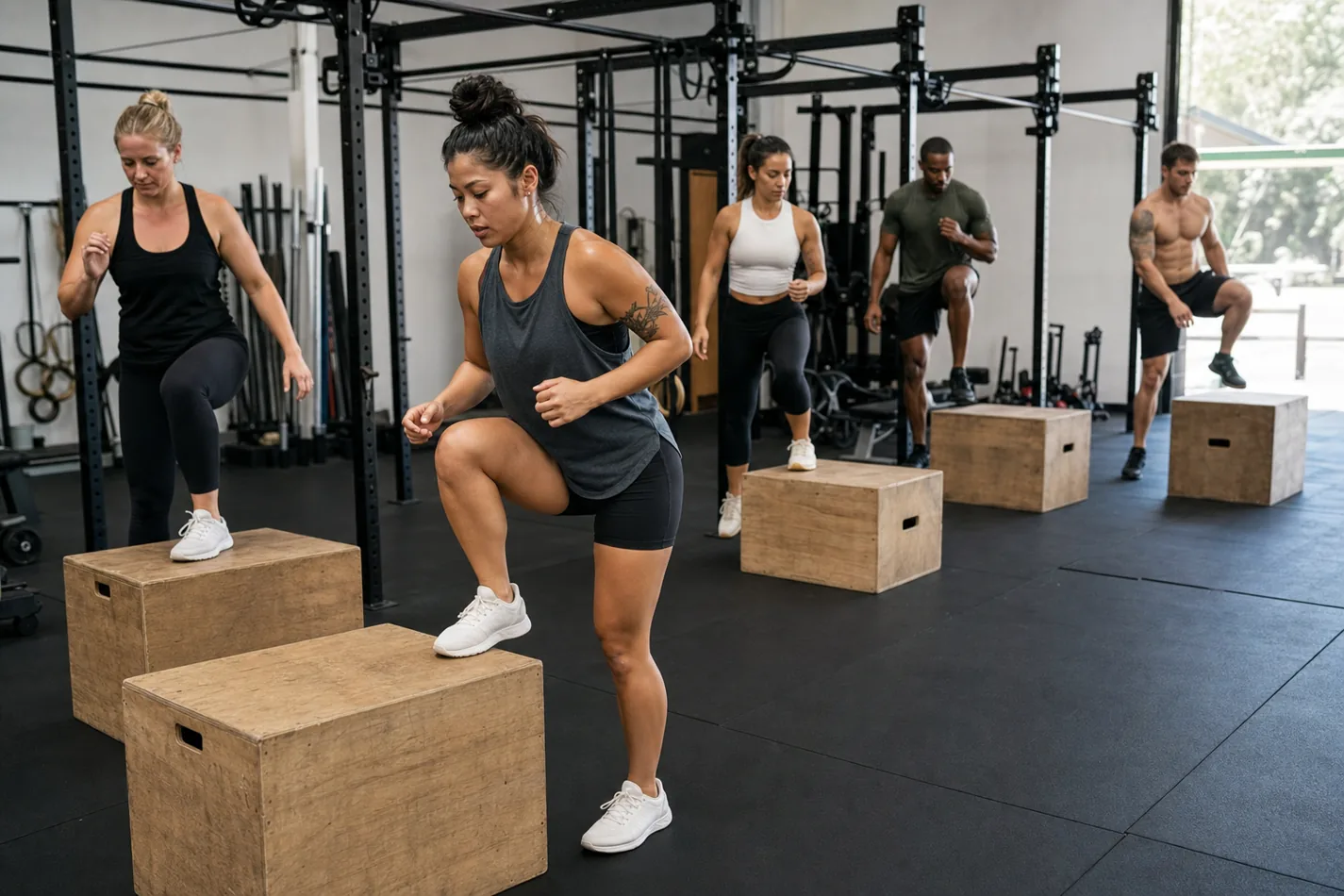 CrossFit athletes doing box step-ups during a conditioning workout