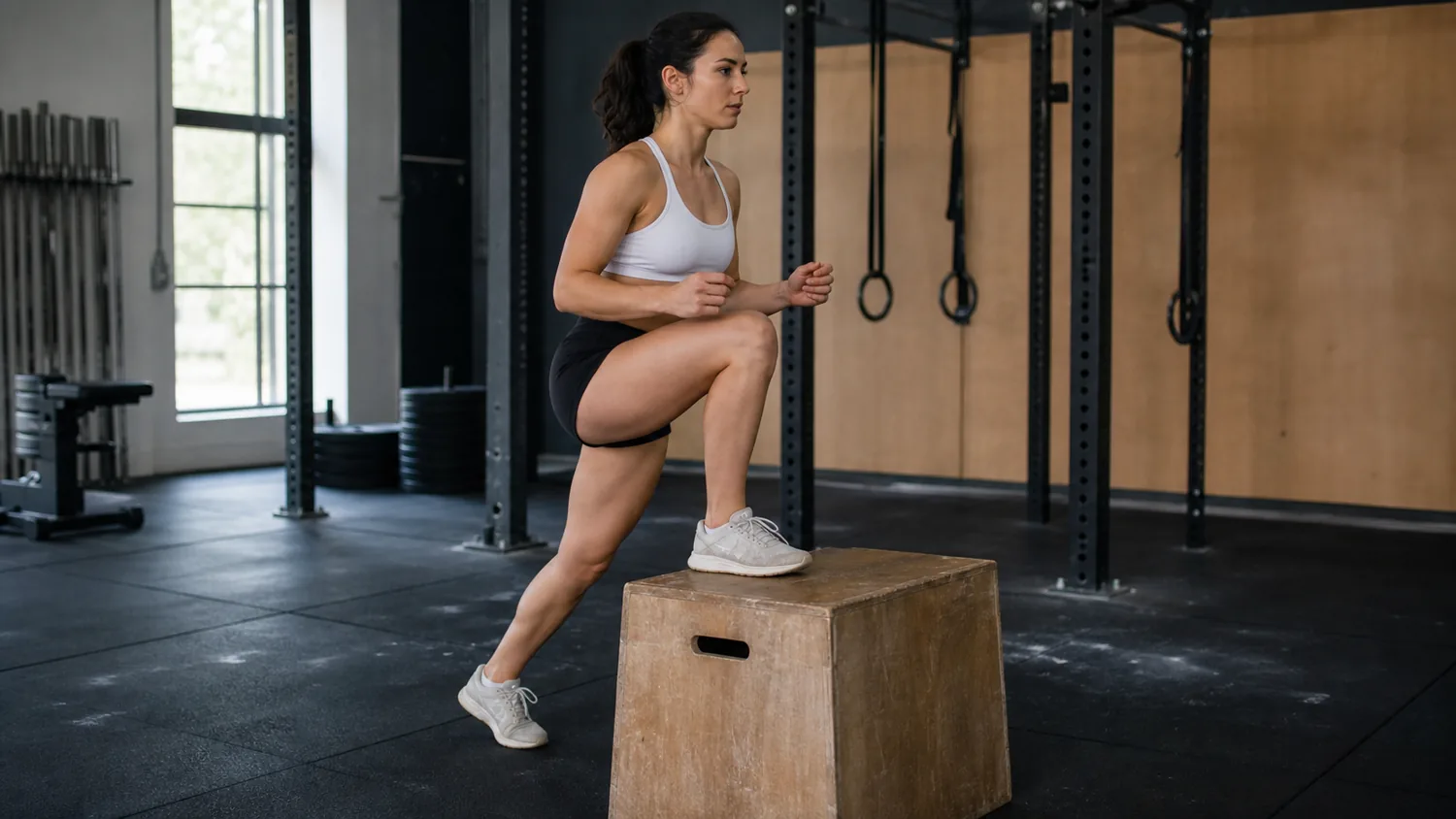 CrossFit athlete performing a controlled box step-up on a wooden plyo box