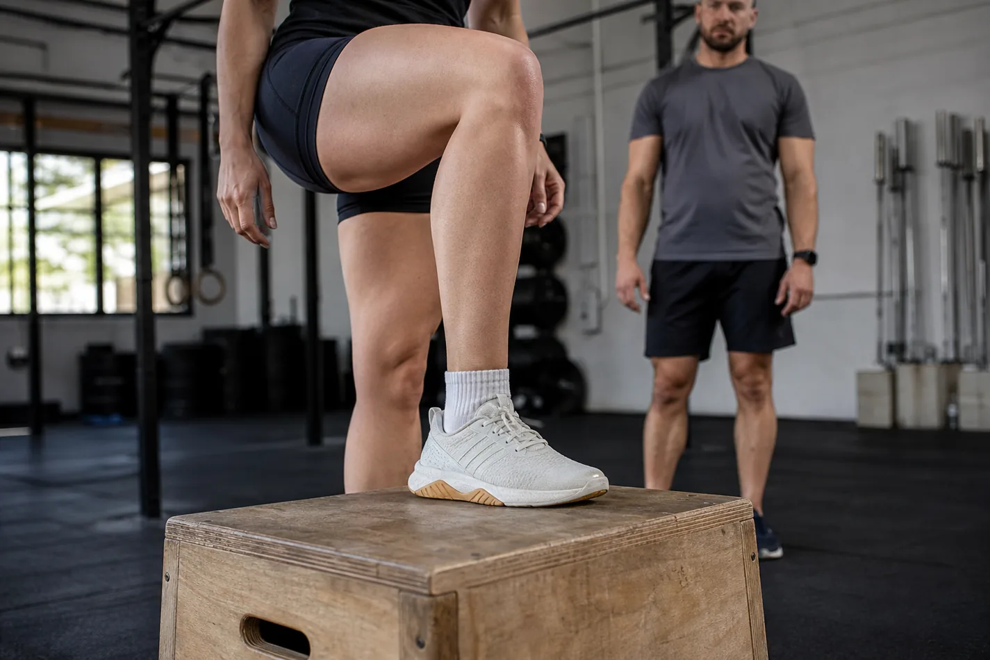 Athlete placing a full foot on a plyo box for a CrossFit box step-up