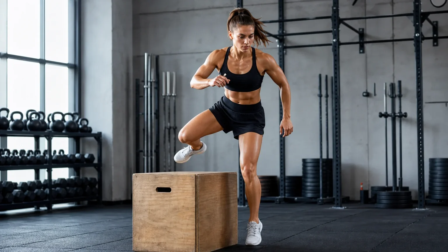 Athlete moving over a plyo box during a burpee box jump over drill