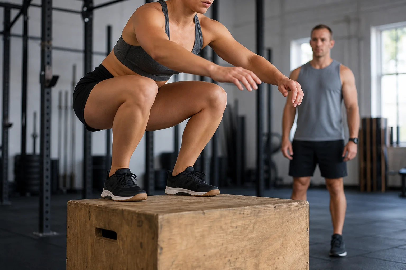 Athlete landing softly on a plyo box with knees tracking well