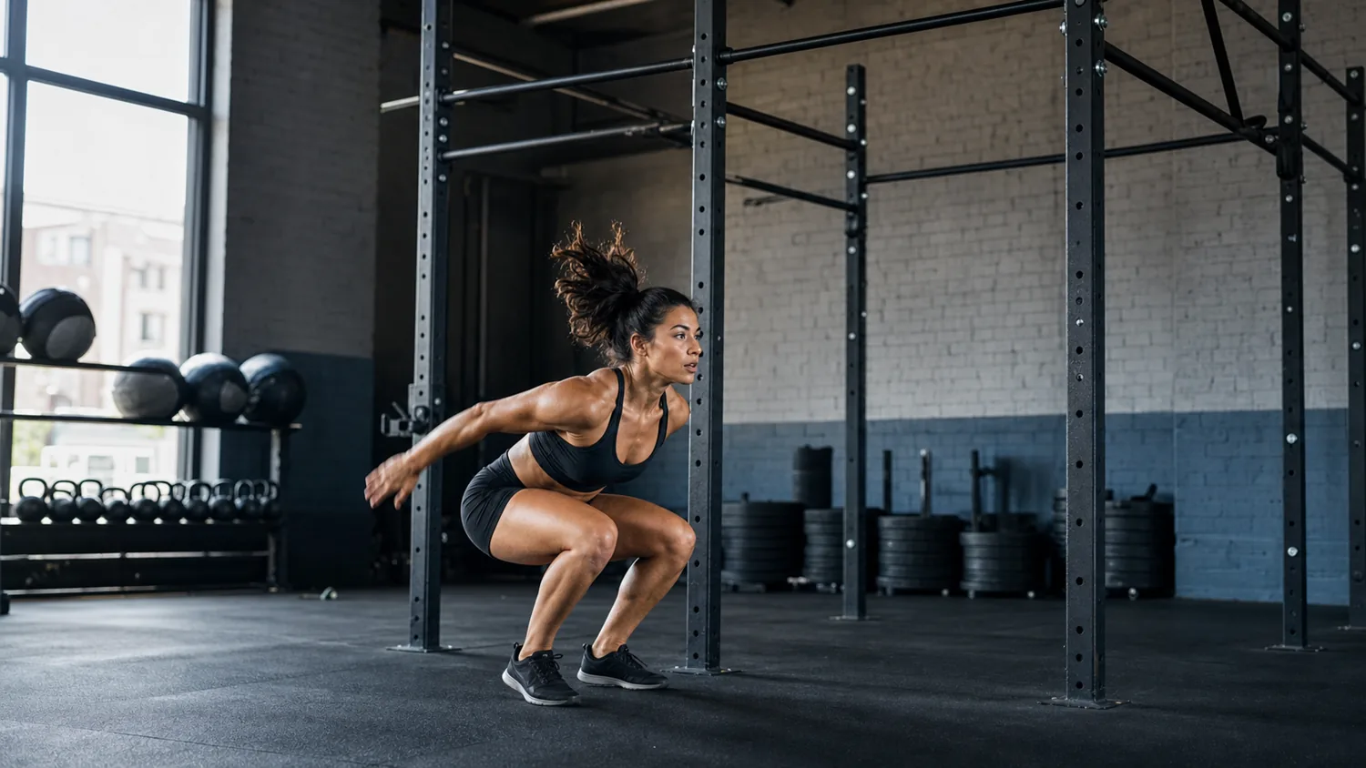 Athlete performing a burpee pull-up under a CrossFit rig