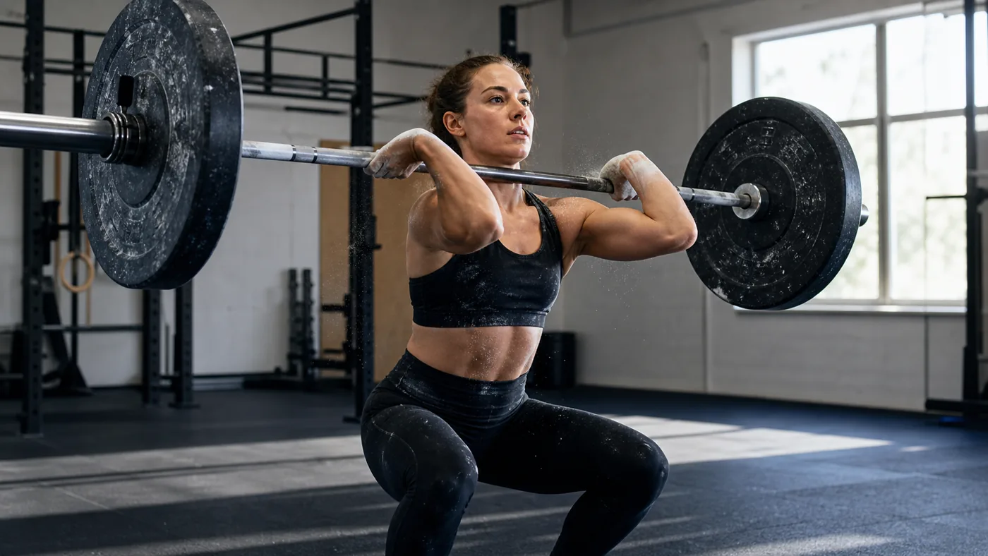 CrossFit athlete catching a barbell clean in the front rack