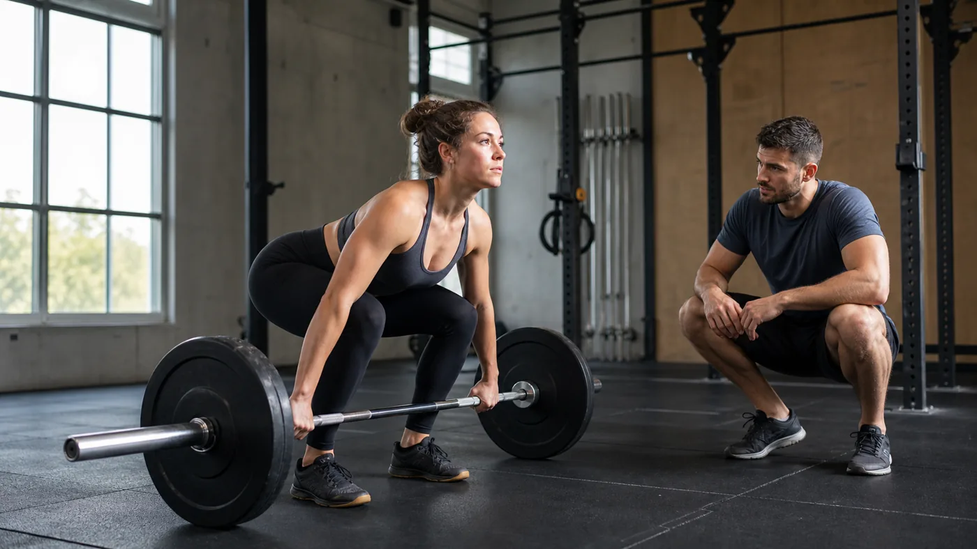 Athlete setting up for a clean and jerk with a barbell on the floor