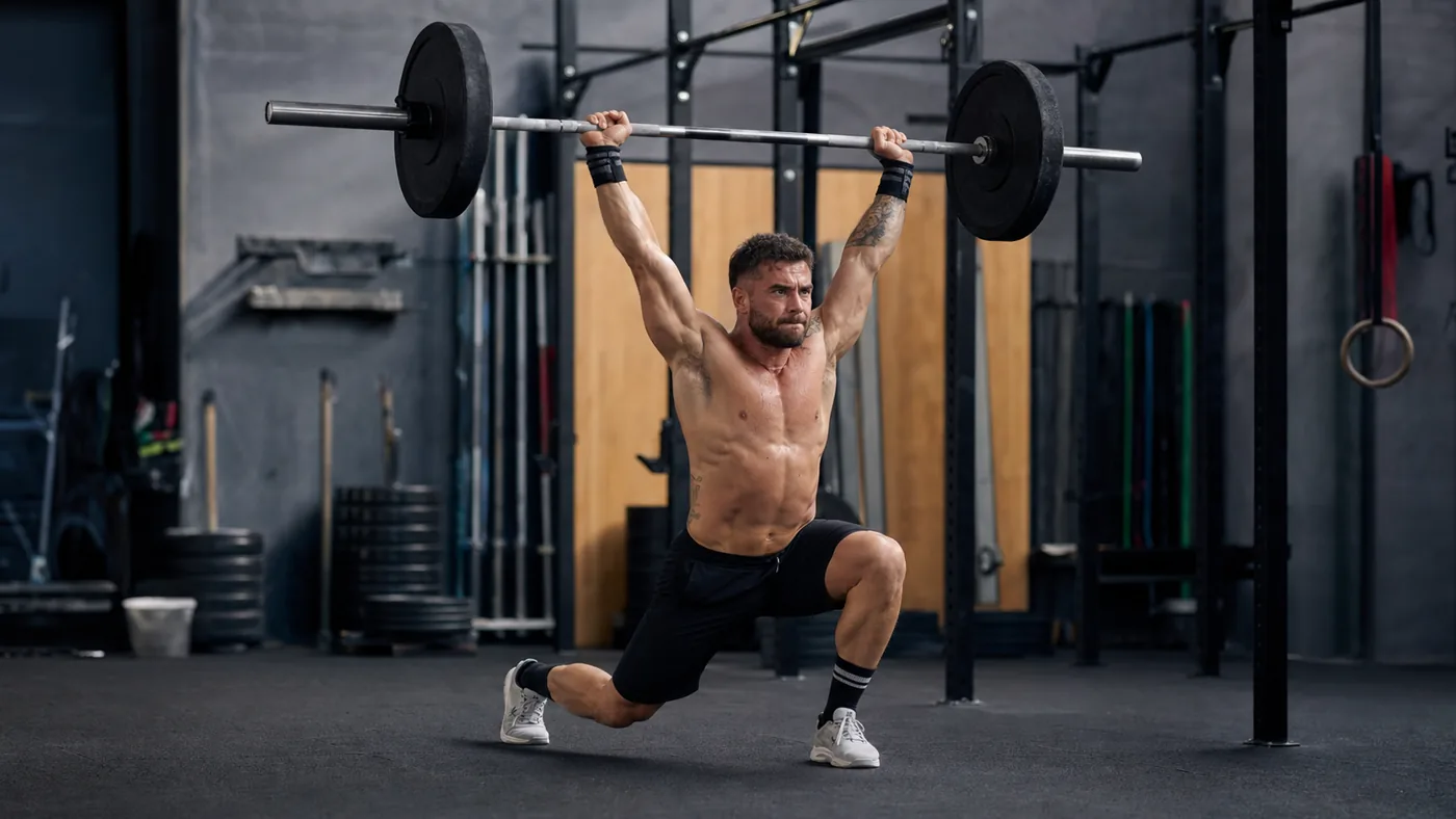 CrossFit athlete finishing a split jerk with the barbell overhead