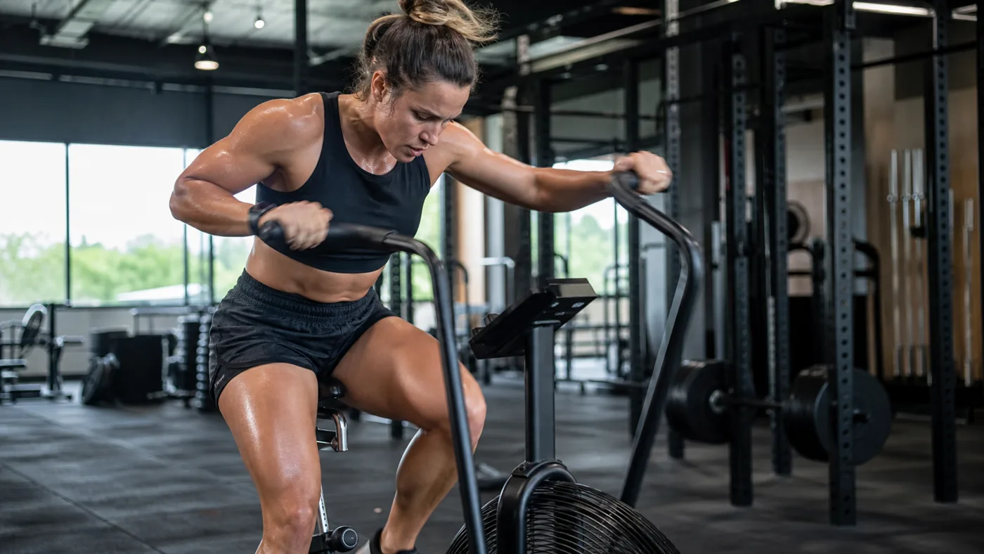 CrossFit athlete pacing an air bike during a conditioning workout