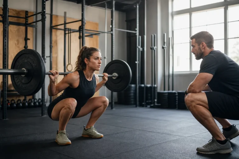 CrossFit athlete performing a controlled barbell back squat in a functional fitness gym