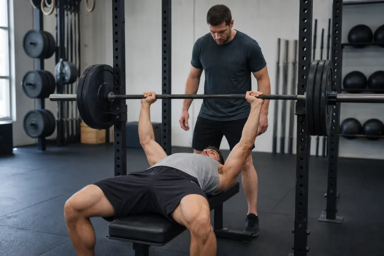 CrossFit athlete setting up for a bench press with a spotter in a gym