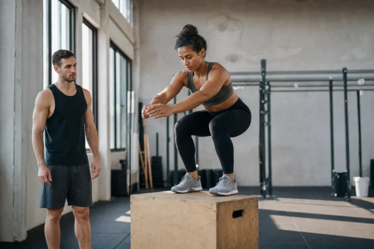 CrossFit athlete practicing a controlled box jump landing in a gym