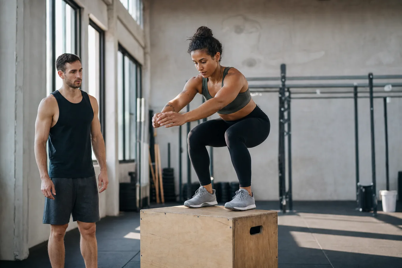 CrossFit athlete practicing a controlled box jump landing in a gym