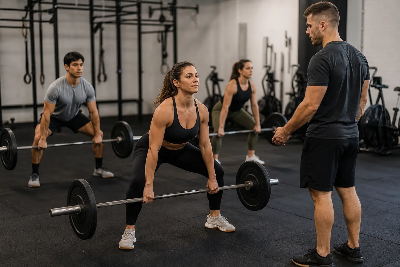 CrossFit class practicing sumo deadlift high pulls with light barbells