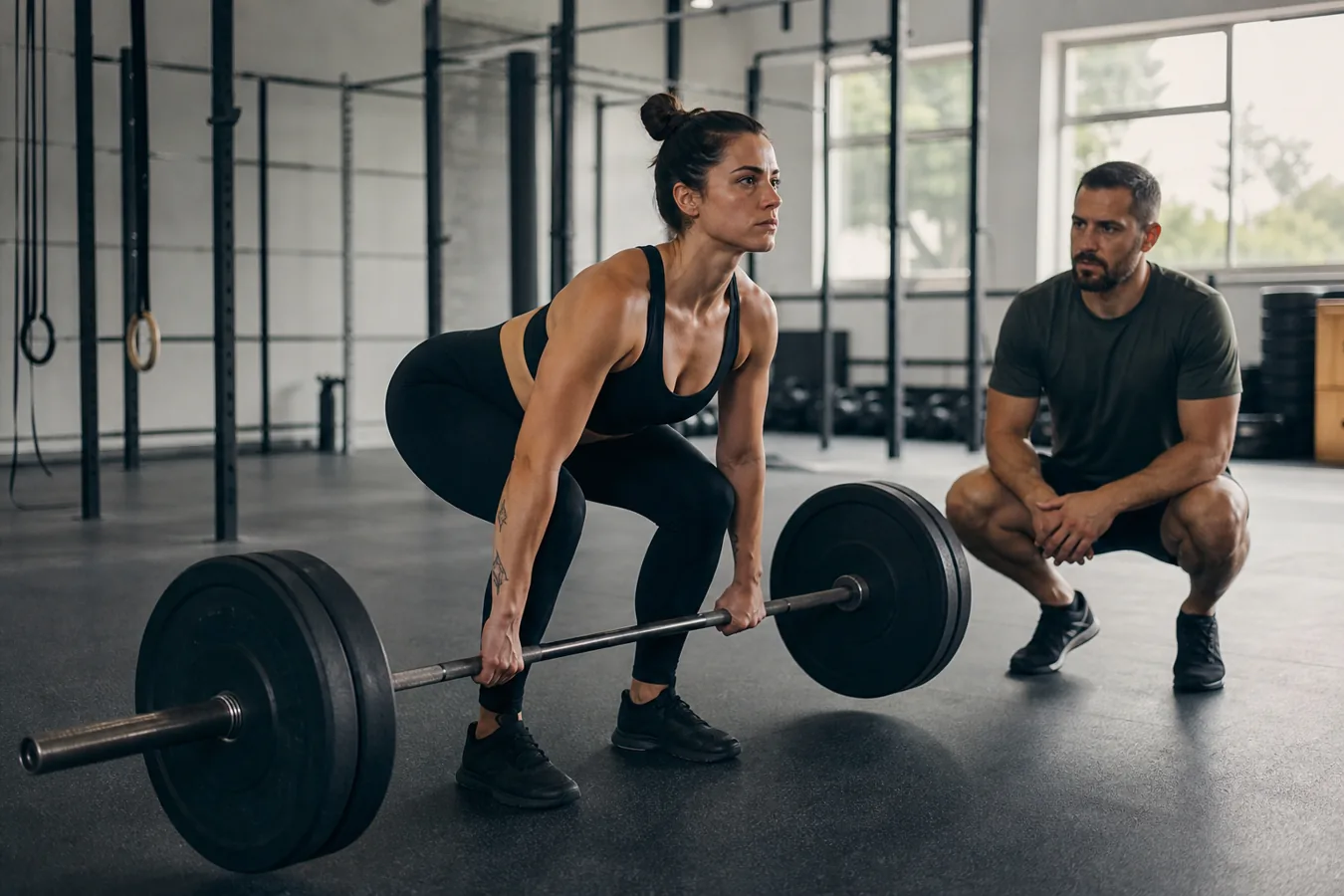 CrossFit athlete setting up for a barbell deadlift with a coach watching
