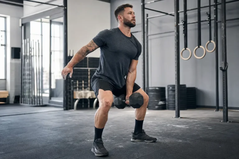 CrossFit athlete driving a dumbbell clean close to the body in a functional fitness gym