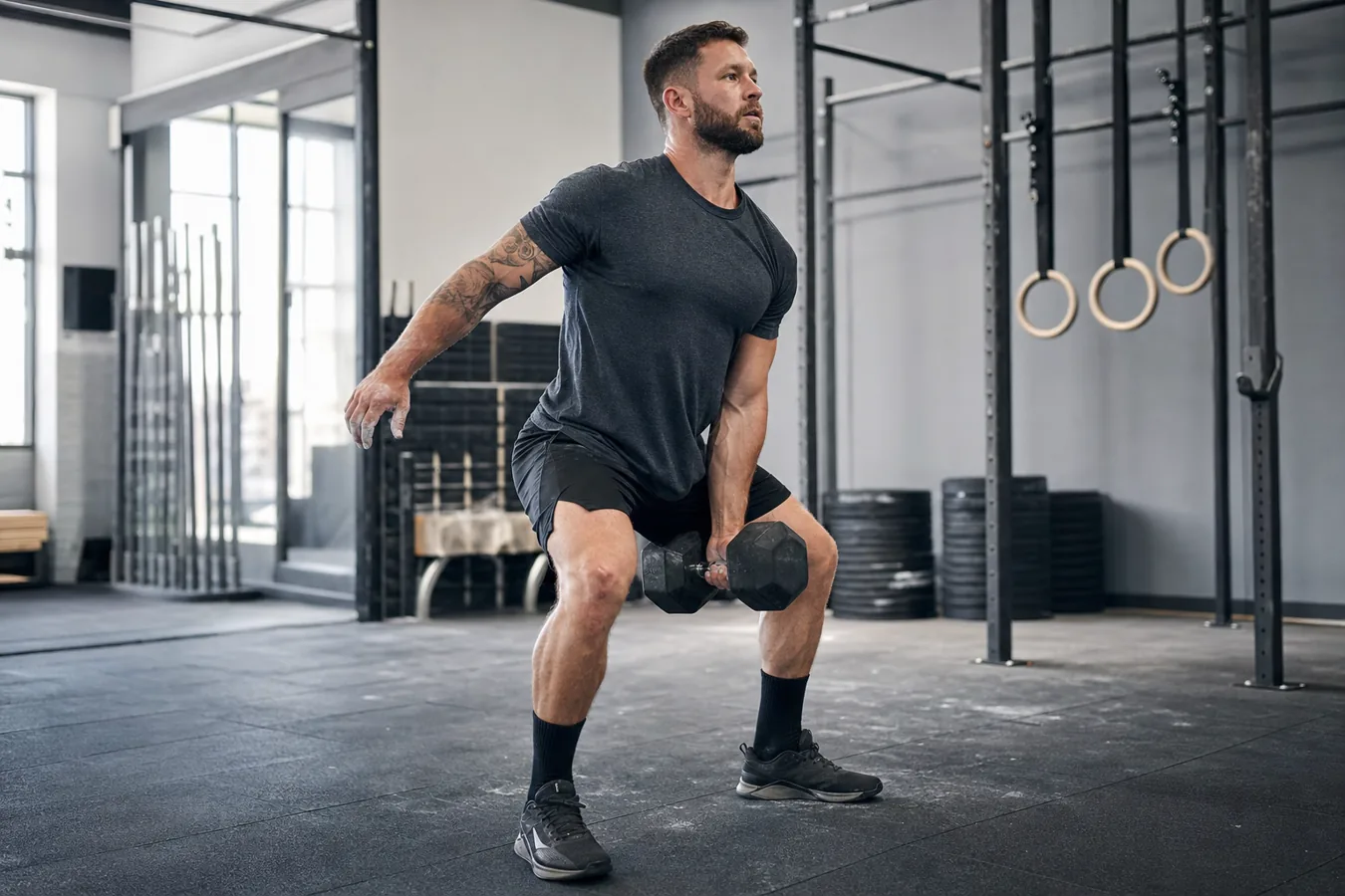 CrossFit athlete driving a dumbbell clean close to the body in a functional fitness gym