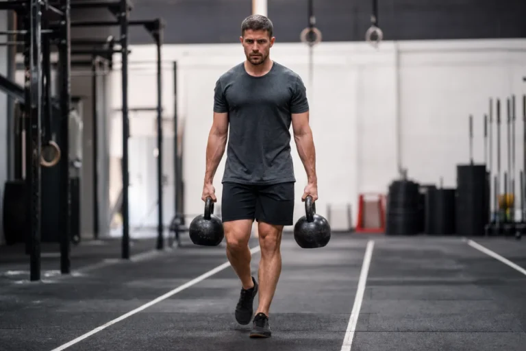 CrossFit athlete carrying two kettlebells during a farmer carry in a gym