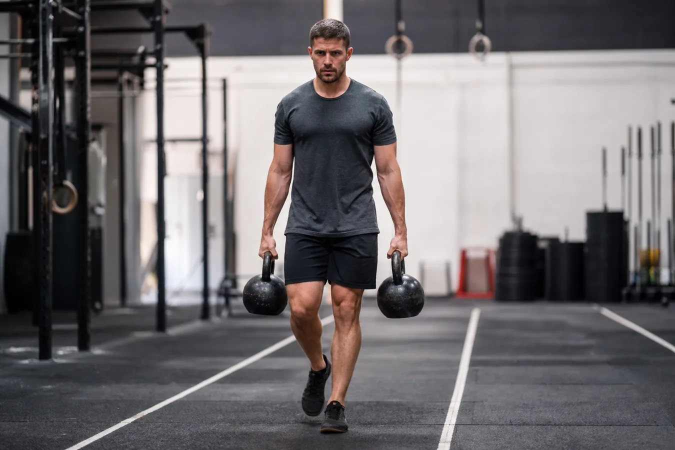 CrossFit athlete carrying two kettlebells during a farmer carry in a gym