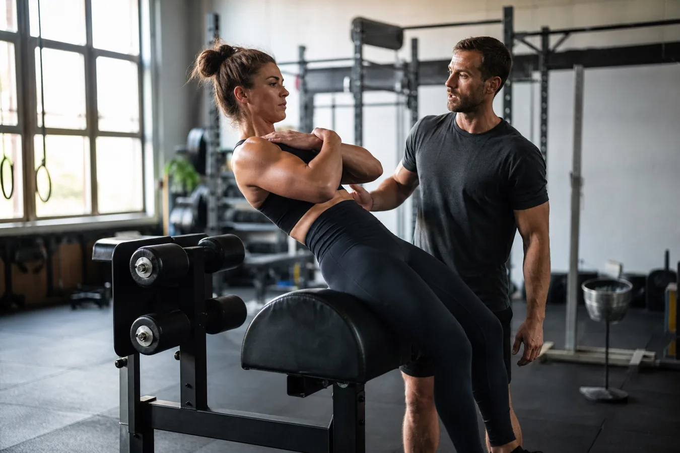 CrossFit athlete performing a controlled GHD sit-up in a functional fitness gym