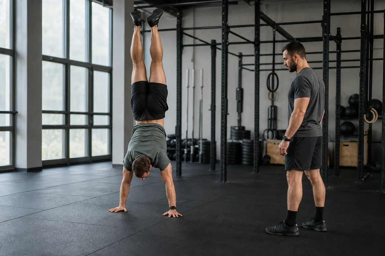 CrossFit athlete practicing a controlled handstand walk across a gym floor