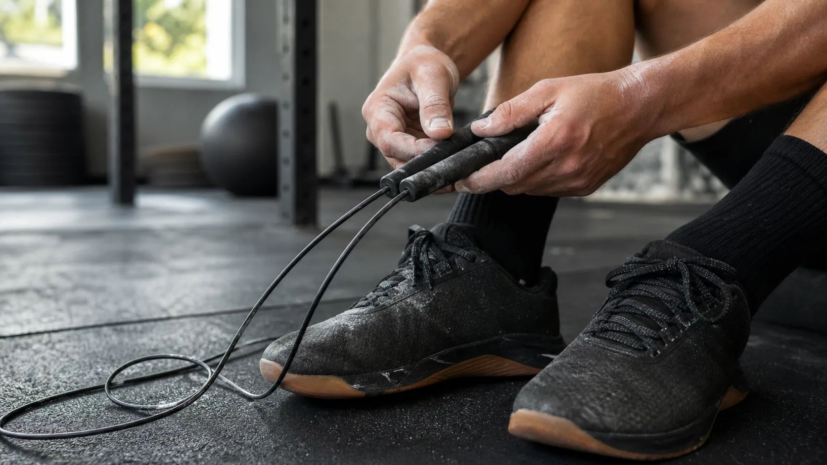 Jump rope handles and CrossFit shoes on a rubber gym floor before practice
