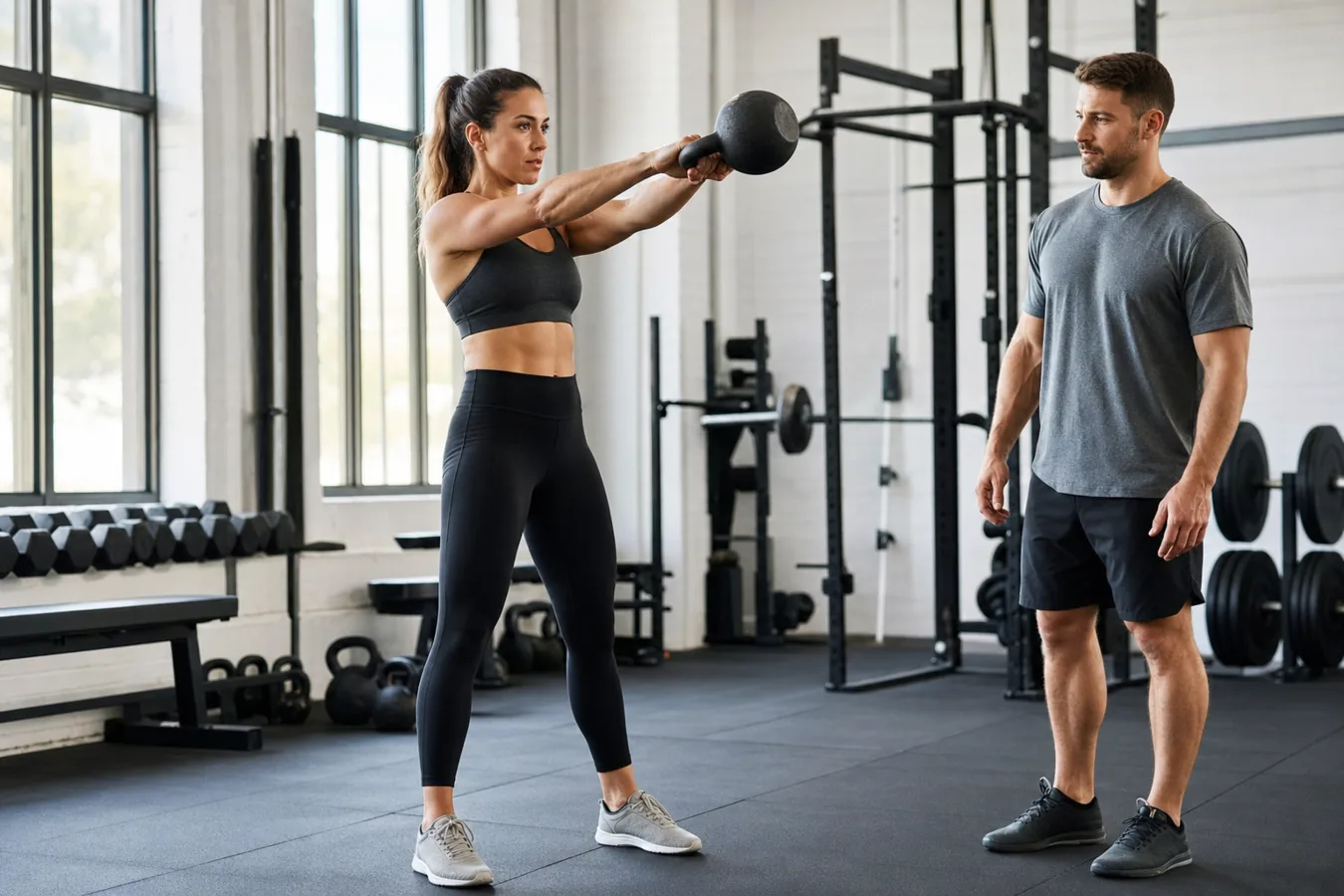 CrossFit athlete performing a controlled kettlebell swing in a training gym