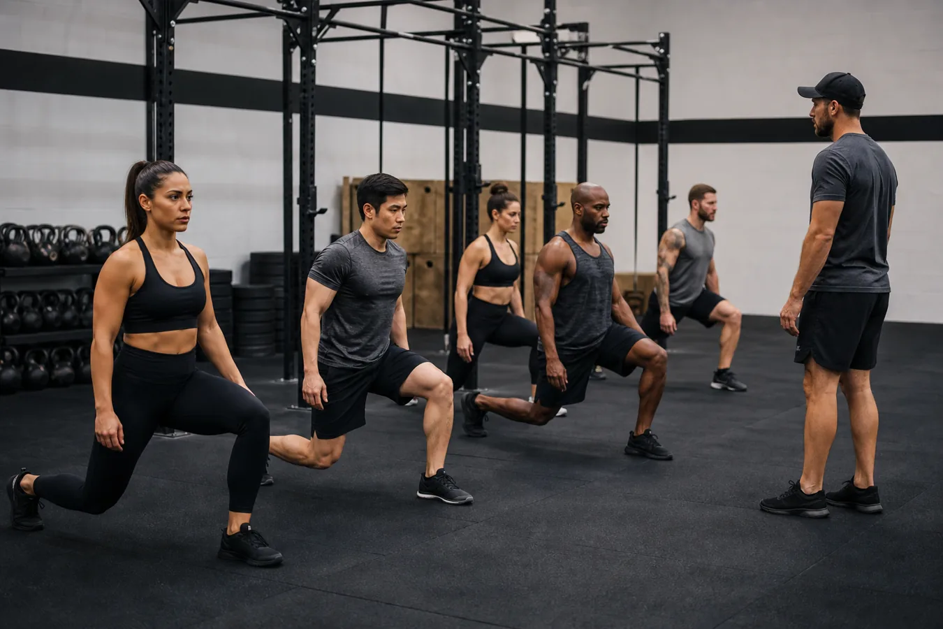 CrossFit class practicing bodyweight walking lunges across the gym floor