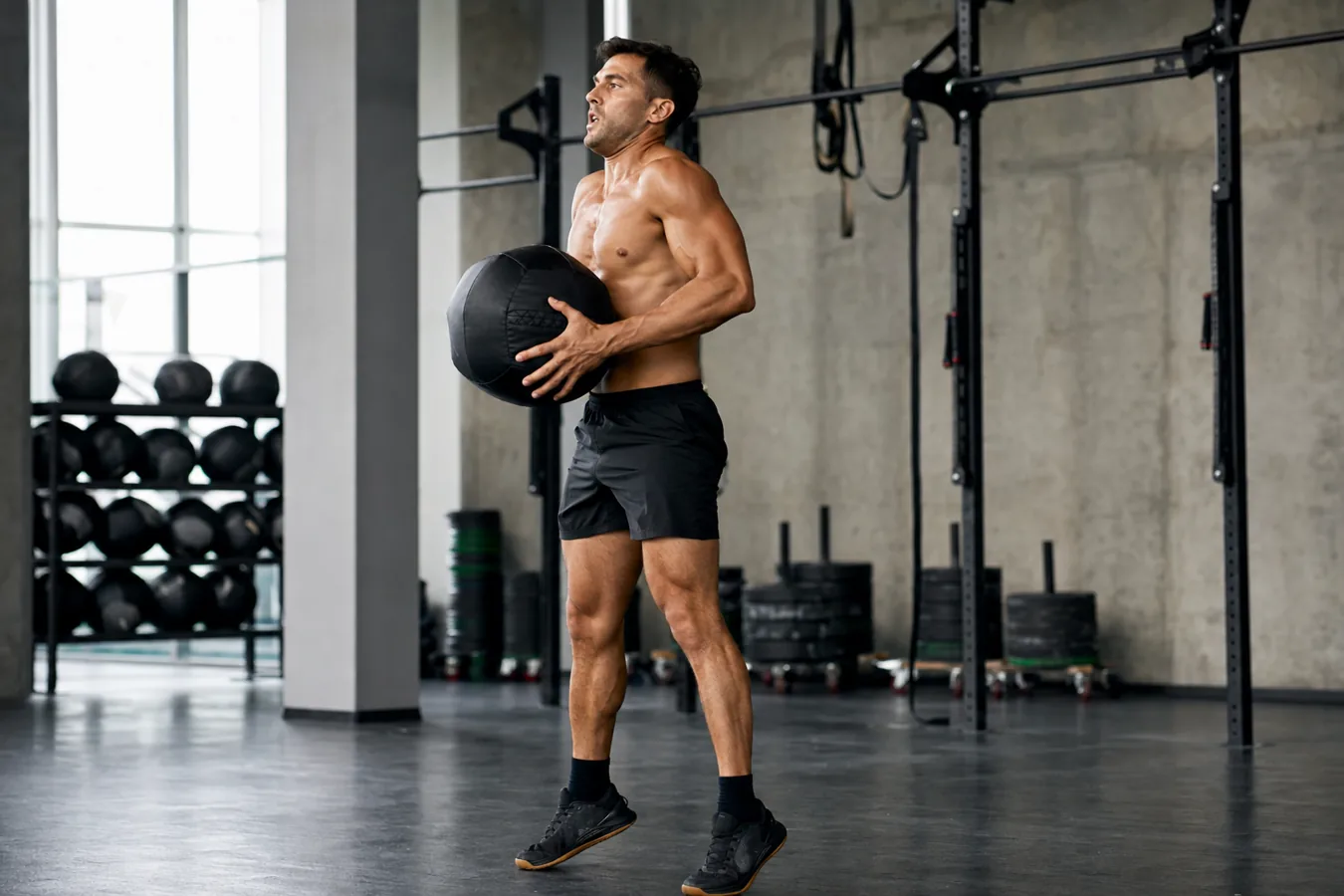 CrossFit athlete performing a medicine ball clean with the ball close to the body