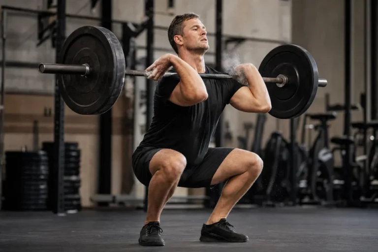 CrossFit athlete catching a barbell power clean in a front rack position