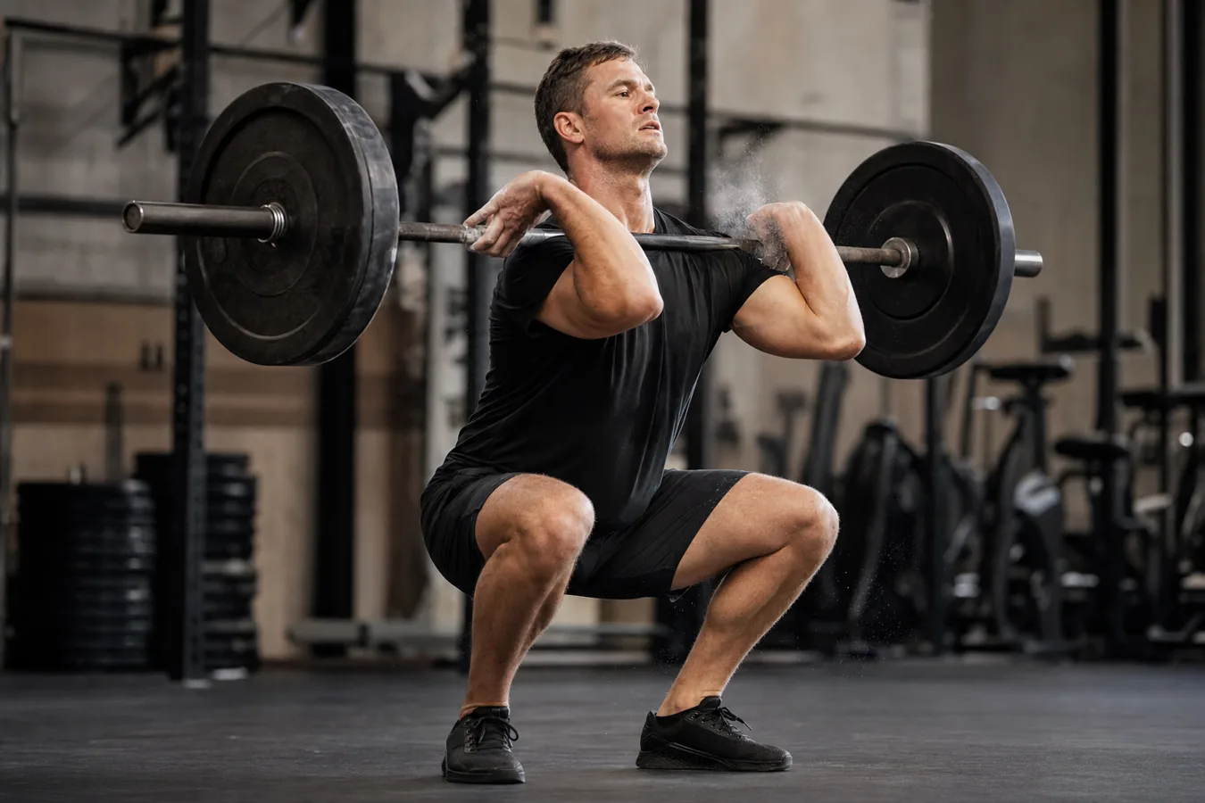 CrossFit athlete catching a barbell power clean in a front rack position
