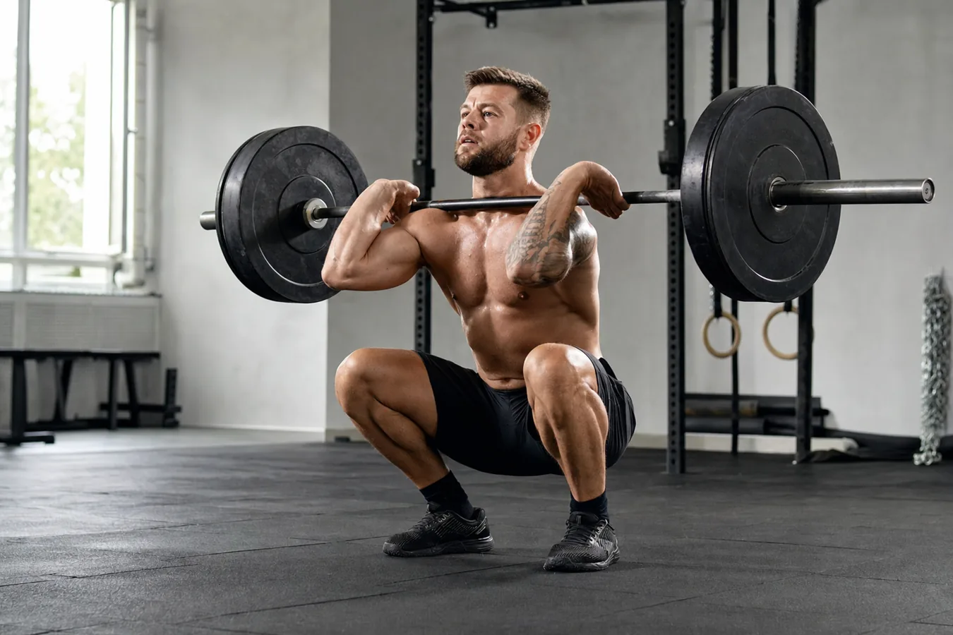 CrossFit athlete receiving a power clean with elbows through