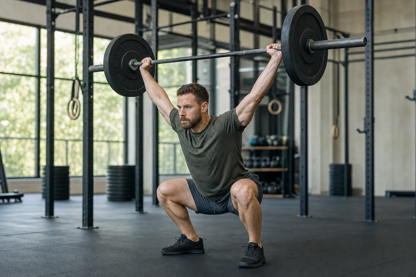 CrossFit athlete completing a barbell power snatch overhead in a gym