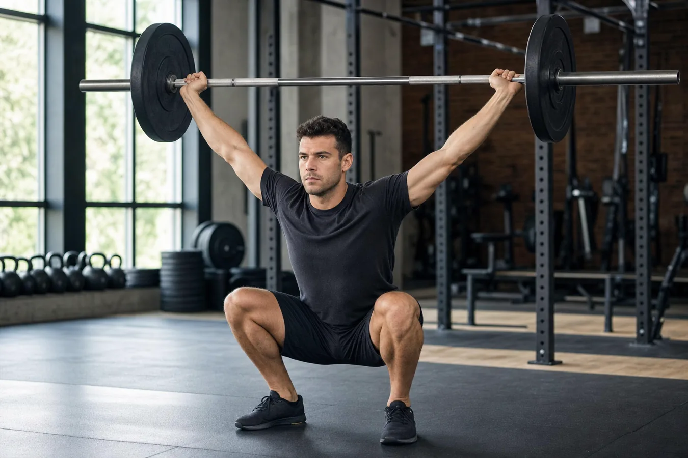 CrossFit athlete receiving a power snatch overhead in a stable quarter squat