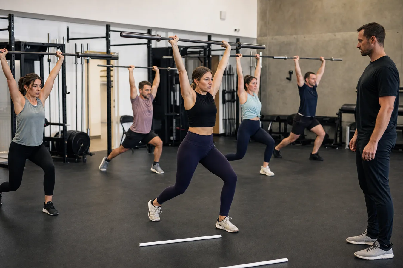 CrossFit class practicing push jerk footwork with light barbells in a gym
