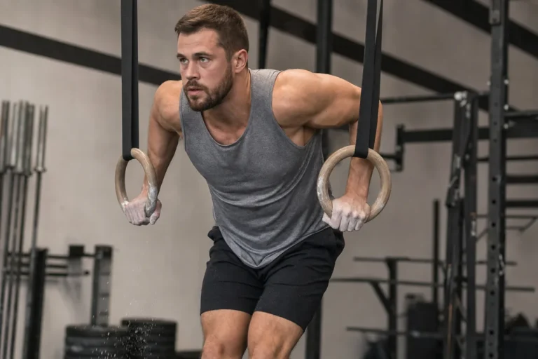 CrossFit athlete practicing a controlled ring muscle-up transition in a gym