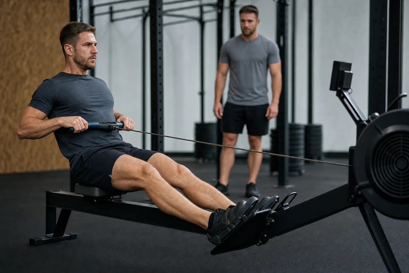 Athlete finishing a powerful rowing stroke in a CrossFit gym