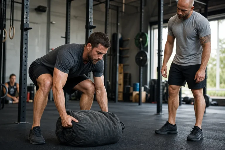 CrossFit athlete setting up for a sandbag clean on a gym floor