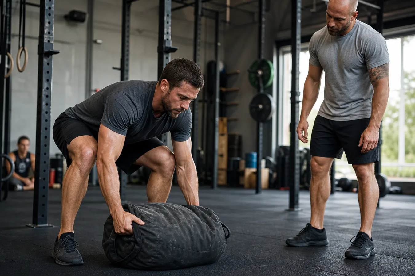 CrossFit athlete setting up for a sandbag clean on a gym floor