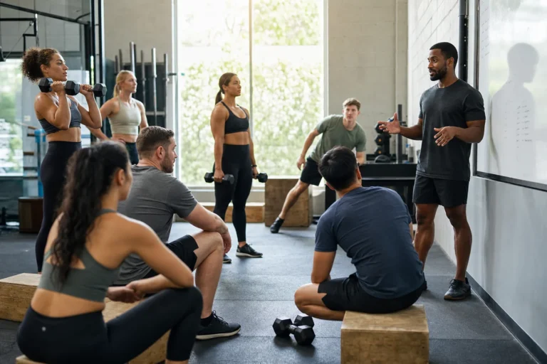 Coach explaining scaled CrossFit workout options to a class