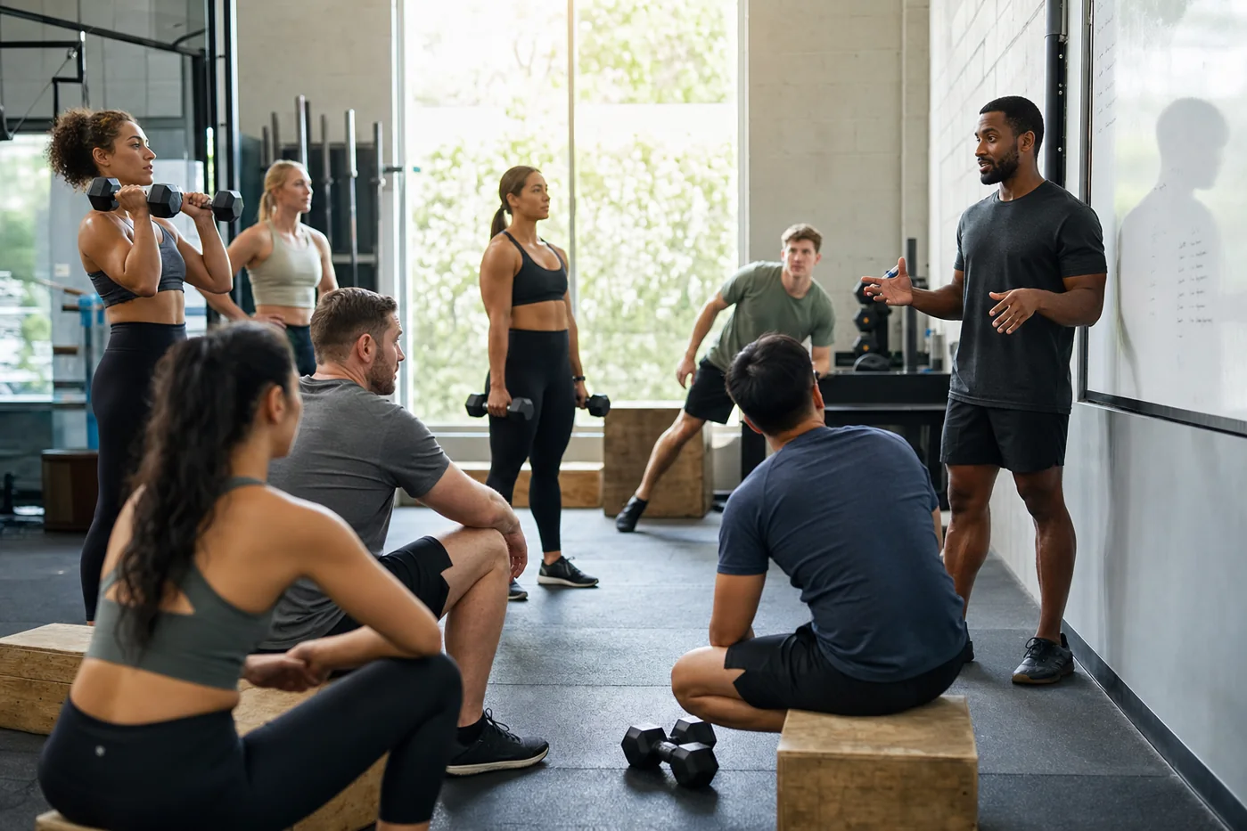 Coach explaining scaled CrossFit workout options to a class