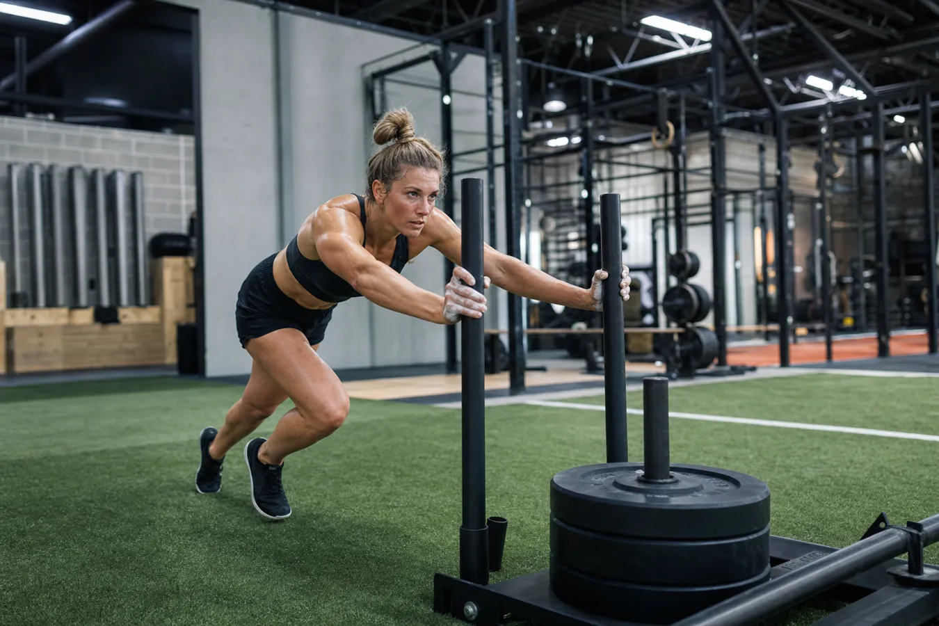 CrossFit athlete pushing a weighted sled across indoor turf
