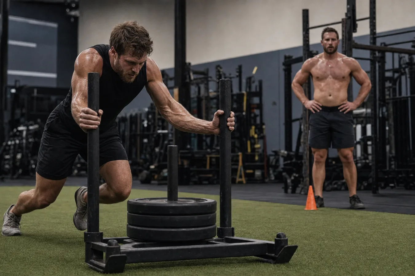 Athletes pacing a weighted sled push during a CrossFit workout