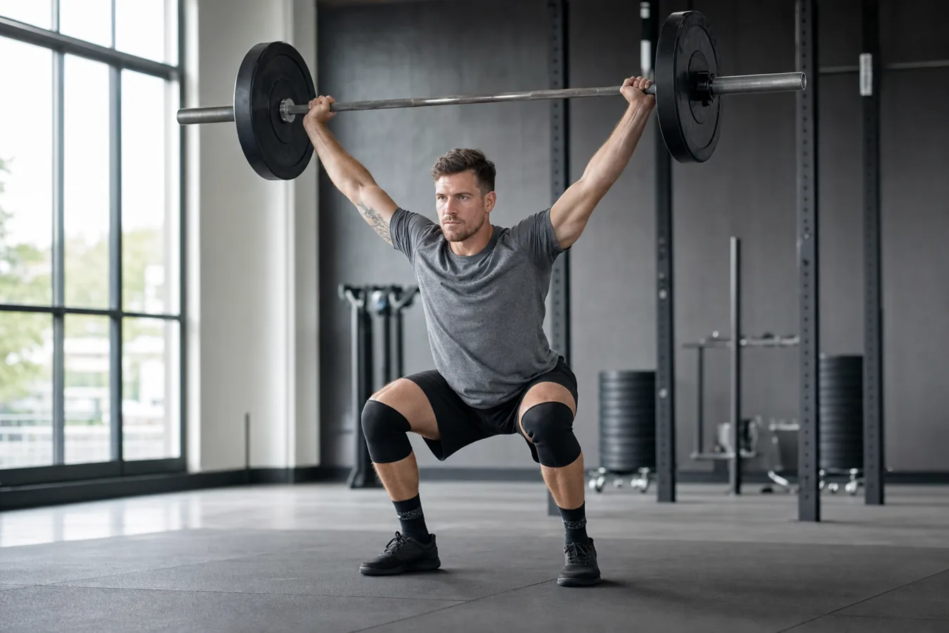 CrossFit athlete catching a snatch balance in a stable overhead squat position