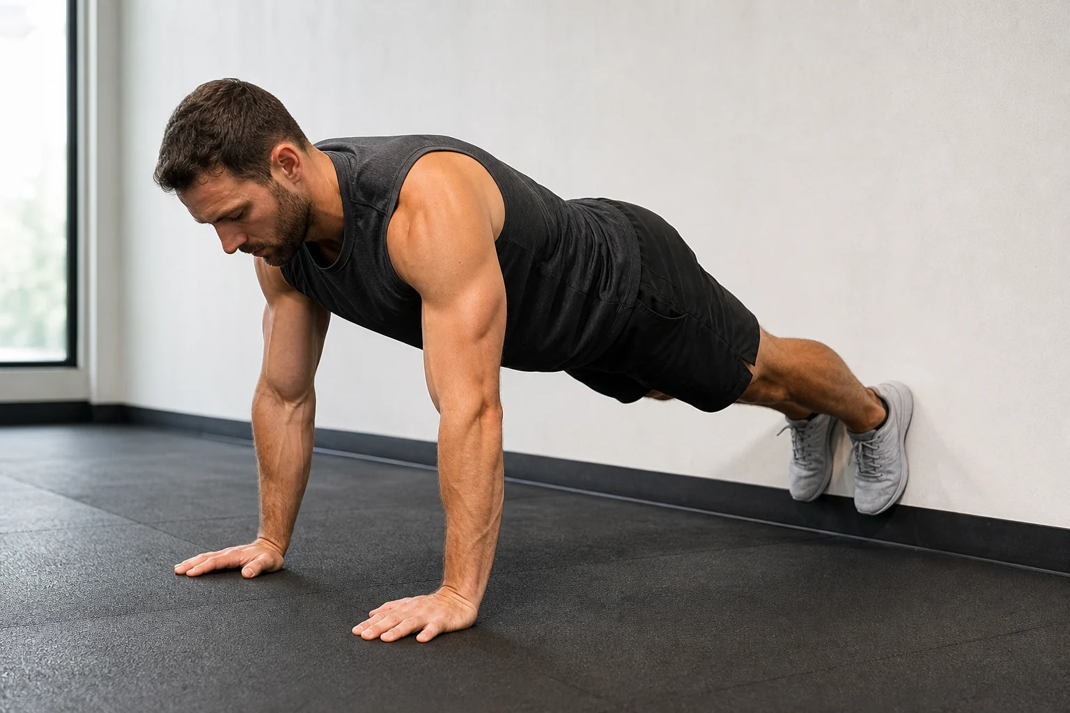 Athlete setting a tight plank position before a CrossFit wall walk